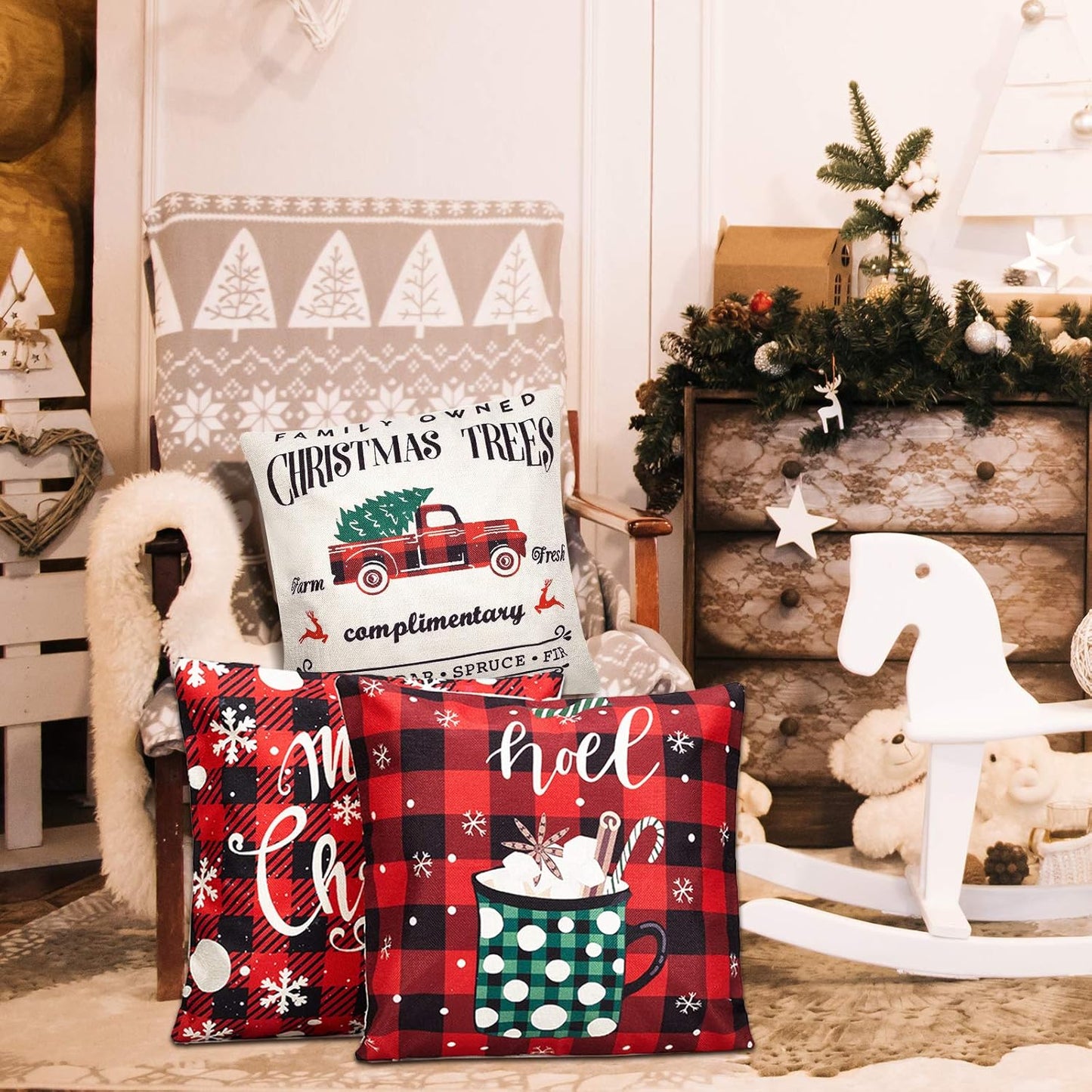 Christmas Throw Pillow Covers 18X18 Inch Set of 4 Farmhouse Christmas Tree Red Buffalo Plaid Check Pillow Covers Winter Holiday Decorative Pillowcase Cotton Linen Farmhouse Cushion Case for Sofa Couch