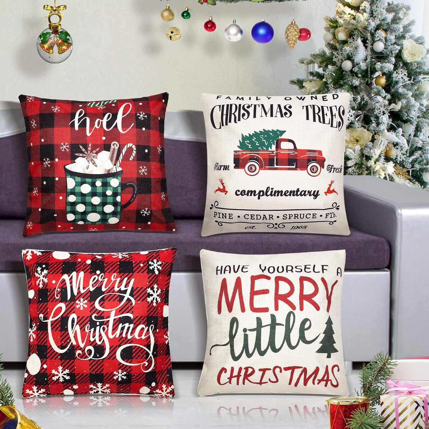 Christmas Throw Pillow Covers 18X18 Inch Set of 4 Farmhouse Christmas Tree Red Buffalo Plaid Check Pillow Covers Winter Holiday Decorative Pillowcase Cotton Linen Farmhouse Cushion Case for Sofa Couch